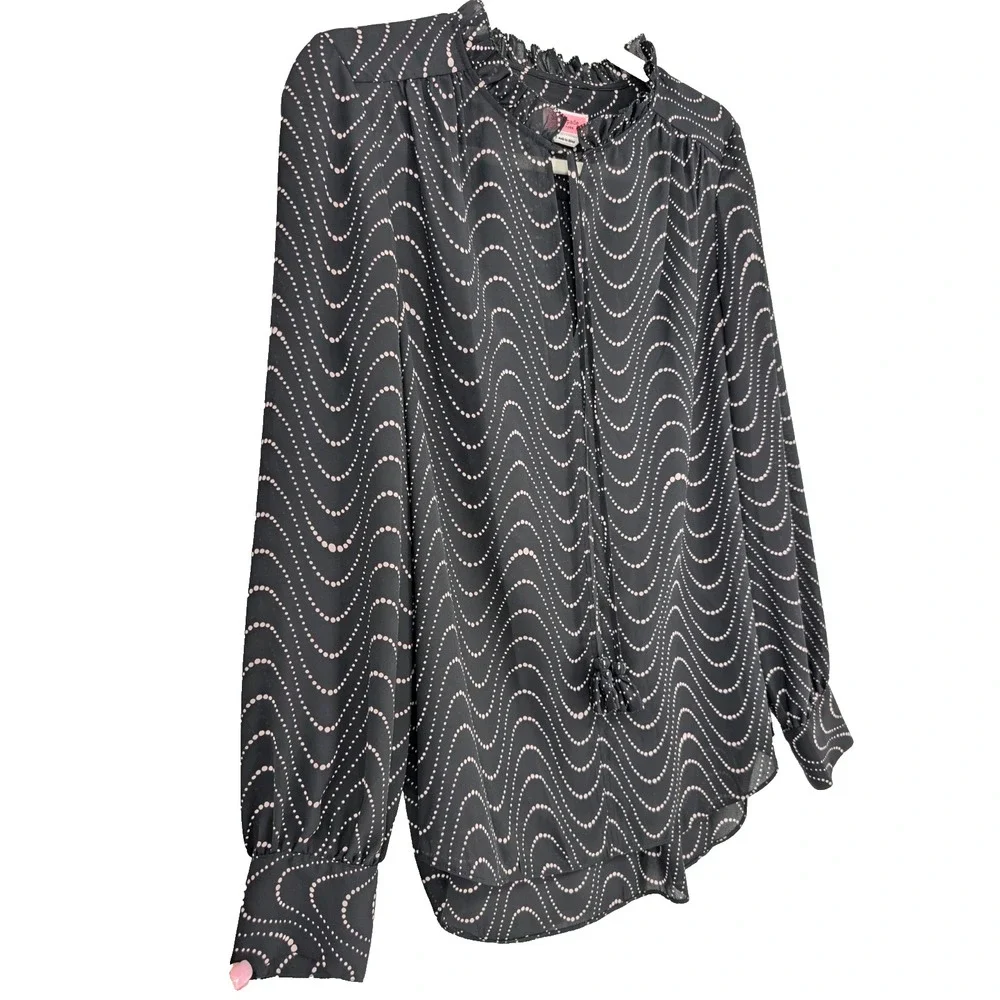 Kate Spade Black Ruffle Neck Polka Dot Wave Chiffon Blouse Small Parisian Chic‎